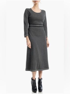Max Studio Gray Textured Knit Midi Dress with Waist Detail